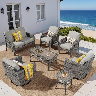 XIZZI Outdoor Wicker Sofa Set with Optional Swivel Chairs, 3.5" Cushions 5 Colors (Gray, Black, Navy, etc.), All-Weather Rattan, Modular 2-7 Pieces