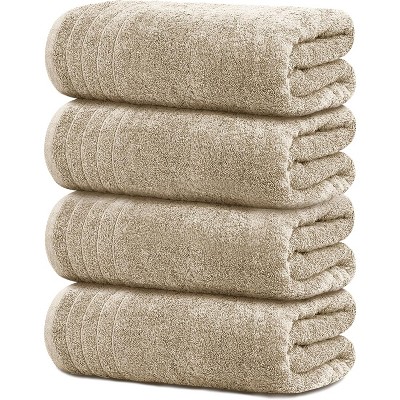 BRINJOY 4-pack of extra-large bath towels, 30 x 60 inches, 100% cotton, larger and lighter, dry faster, super soft and absorbent, beige