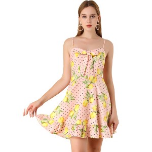 Allegra K Women's Floral Ruffle Bow Knot Lemon Spaghetti Strap Mini Sundress - 1 of 4