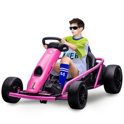 Kids Ride On Go Kart, 24V 300W*2 Motors, 9Ah Battery, Electric Vehicle Car Drifting with Music, Horn, Outdoor Ride On Toy for Teens, Rose