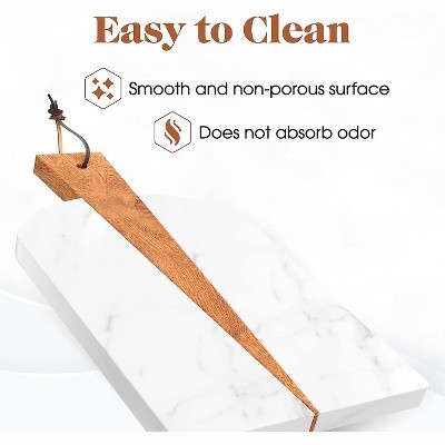 White Marble and Wood Paddle Cutting Board with Leather Strap