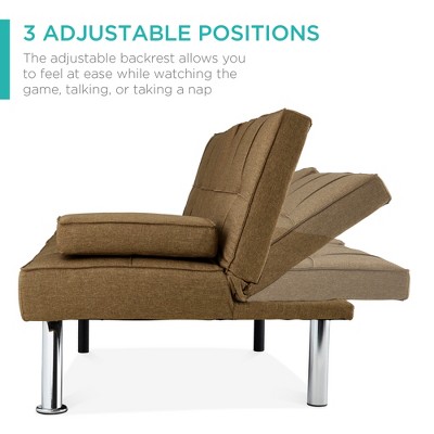 Modern Brown Linen Convertible Sleeper Sofa with Metal Legs and Cup Holder