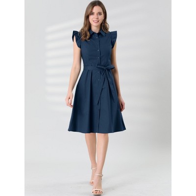 Женские платья INSPIRE CHIC Women's Cotton Ruffled Cap Sleeve Tie Waist Button Casual Office Shirt Dress X-Large Navy Blue — фото 3