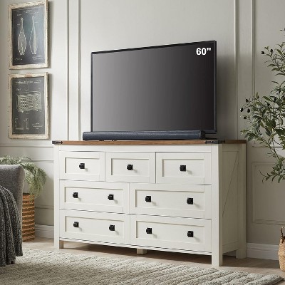 SinCiDo 7 Drawers Farmhouse Dresser & TV Stand, Rustic Wood Storage Cabinet for Bedroom, Living Room, Hallway Organization