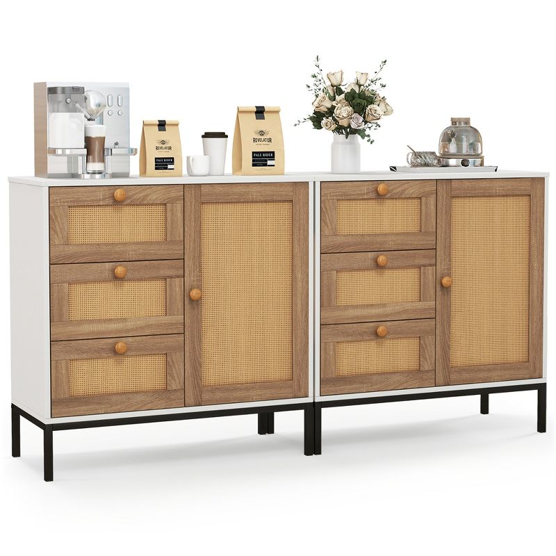 Tangkula Set of 2 Rattan Sideboard Buffet Cabinet Accent Cabinet w/ 1 Door & 3 Drawers, 1 of 11