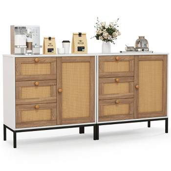 Tangkula Set of 2 Rattan Sideboard Buffet Cabinet Accent Cabinet w/ 1 Door & 3 Drawers