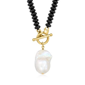 Ross-Simons 13-15mm Cultured Baroque Pearl and 6mm Onyx Bead Toggle Necklace in 18kt Gold Over Sterling - 1 of 2