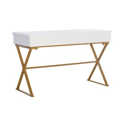 Trestle-Style White and Brass 2-Drawer Campaign Desk