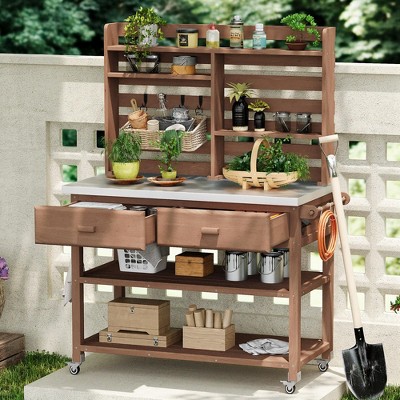 LOVSON 64.9''Tall Outdoor Planting Workbench,Solid Wood Outdoor Deck Box & Yard Storage,with Stainless Steel Countertop,Towel Rack,Brown