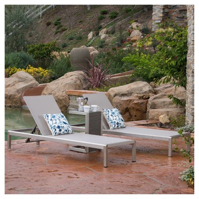 Cape Coral 3pc Mesh Patio Chaise Lounge Set with Wood Side Table - Gray - Christopher Knight Home