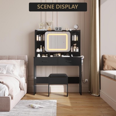 Makeup Vanity with Sliding Mirror, 3 Lighting Modes Adjustable Vanity Desk with Charging Station and Soft Cushioned Stool, 2 Drawer Modern Makeup
