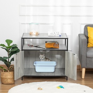 Gulches PawHut Wooden Cat Litter Box Enclosure with Magnetic Doors & Storage - Gray - 1 of 4