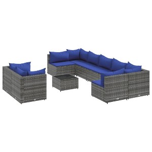 vidaXL Patio Sofa Set with Cushions Lounge Setting Outdoor Furniture Poly Rattan - Gray and Blue - 1 of 4