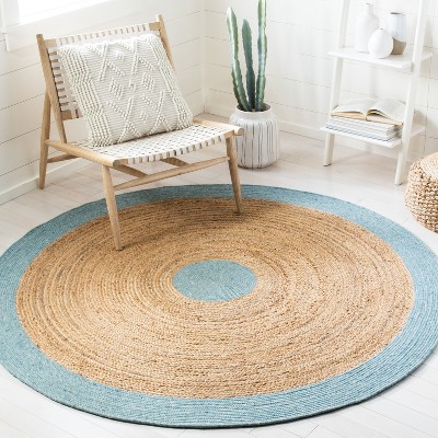 Handmade Blue and Natural Braided Round Wool Cotton Rug