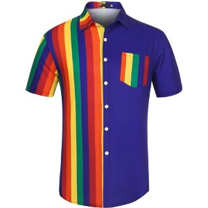 Lars Amadeus Men's Summer Striped Patchwork Short Sleeves Button Down Hawaiian Shirt - 1 of 4