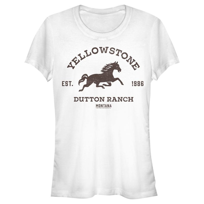 Juniors Womens Yellowstone Brown Horse Dutton Ranch Logo Est. 1886 T-Shirt, 1 of 5