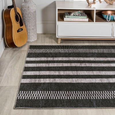 Ivory and Black Striped Synthetic Washable Area Rug
