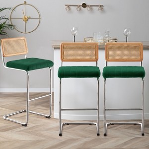 Bekrvio Bar Stools Set of 2/3/4, 26”/30" Barstool with Rattan Back, Velvet-Upholstered & Chrome Frame,Mid Century Modern Kitchen Stool for Island - 1 of 4