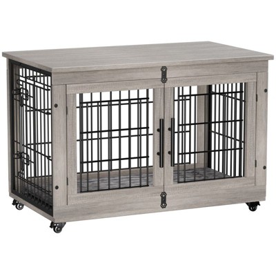 Gikpal Wooden Dog Crate Furniture, Stylish Dogs Kennel for Small to Extra Large, Double Door & A Cushion & 360°Wheel, Metal, Chew-Proof, Dog Cage