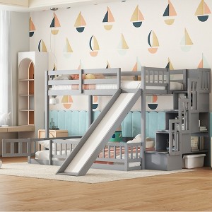 TIRAMISUBEST Twin Over Full Size Bunk Bed with Slide and Storage Staircase, Pine Solid Wooden Bunk Bedframe with Safety Guardrails - 1 of 4