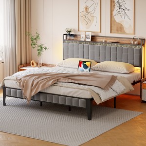 Modern Linen Upholstered Bed Frame, Metal Slats Support, Underbed Storage, No Box Spring Needed, Easy Assembly - 1 of 4