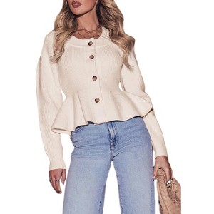 Coolmee Women's Cropped Cardigan Sweaters Fall Sleeve Button Cardigans Ruffled Hem Cute Sweater - 1 of 4
