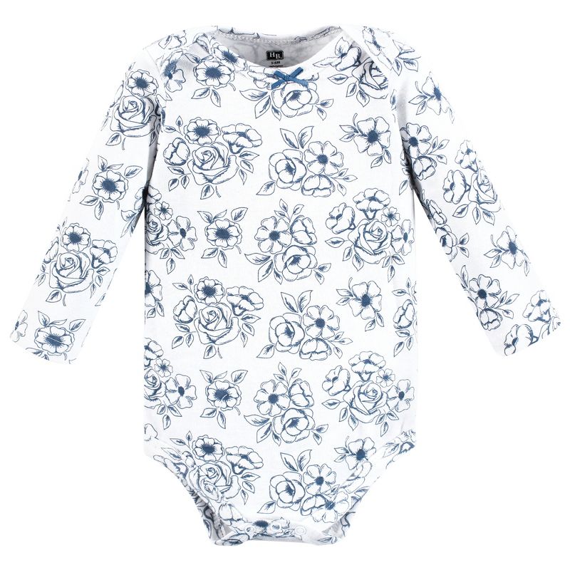 Hudson Baby Infant Girl Cotton Long-Sleeve Bodysuits, Blue Toile 5-Pack, 4 of 9