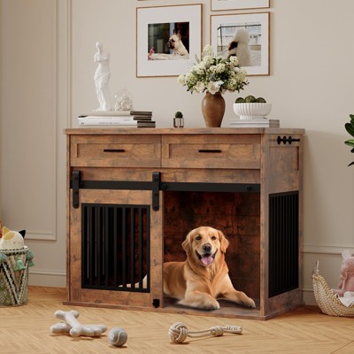 Wooden Dog Crate End Table - 44.5'' Furniture-Style Kennel w/ Barn Door & Storage Drawer for Small/Medium Dogs