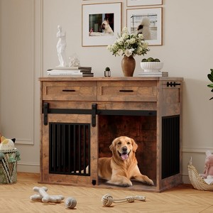 Wooden Dog Crate End Table - 44.5'' Furniture-Style Kennel w/ Barn Door & Storage Drawer for Small/Medium Dogs - 1 of 4