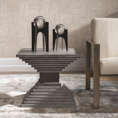 Gray Geometric Fir Wood and Metal Accent Table