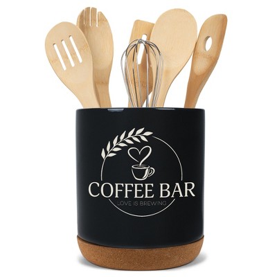 Elanze Designs Coffee Bar Love Is Brewing Barista Latte Ceramic Cork Bottom Black Large Capacity Utensil Holder Crock for Countertop Storage, Stylish