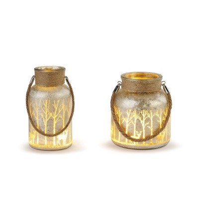 DEMDACO Lit Woodland Scene Glass Jars, Large - Set of 2 gray