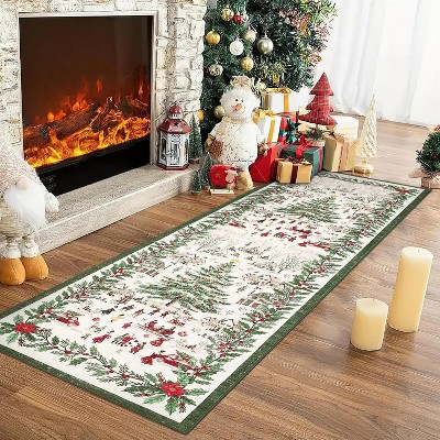 Christmas Runner Rug – Non-Slip Washable Christmas Trees & Santa, Soft Low Pile Foldable Mat for Hallway, Entryway, Bedroom