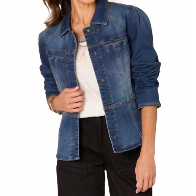 Women's Long Puff Sleeve Patch Pocket Peplum Jacket With Hidden Snaps - Democracy