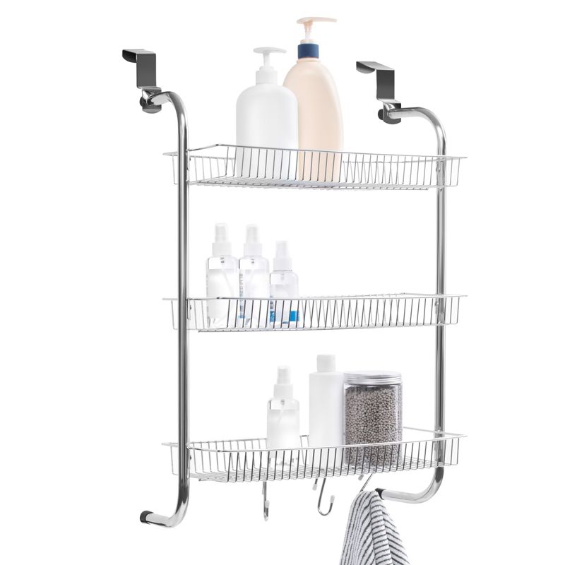 Juvale Metal Over The Door Hanging Organizer Rack for Pantry Bathroom Kitchen Cabinet with 3 Storage Baskets & Hooks, Up to 1.57" Thick, 1 of 12