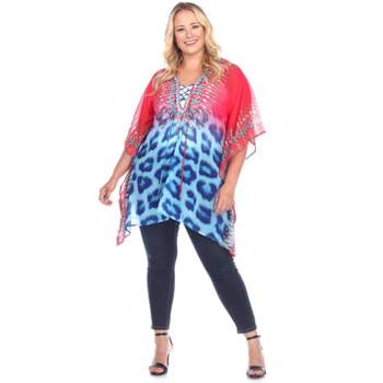 Women's Plus Size Animal Print Caftan with Tie-up Neckline - One Size Fits Most Plus - White Mark