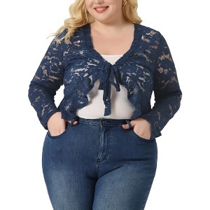 Agnes Orinda Women's Plus Size Long Sleeve Tie Front Sheer Lace Crop Cardigan - 1 of 4