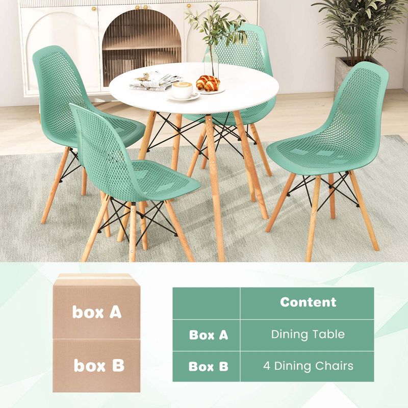 Costway 5 PCS Dining Table Set for 4 Persons Modern Round Table & 4 Chairs with Wood Leg Green/White, 4 of 9