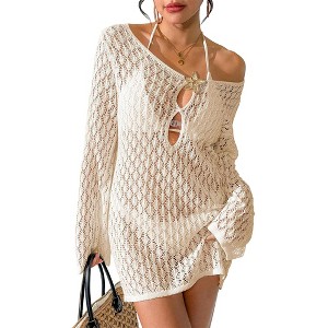 long sleeve crochet beach dress boohoo Women's Key Hole Tie Long Sleeve Crochet Mini Beach Dress in Cream | Size: Large