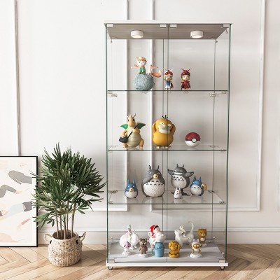 Modern Glass Display Cabinet with Glass Doors & LED Lights, 2-Door Showcase with Tempered Glass Shelves for Living Room-Cuddlewood