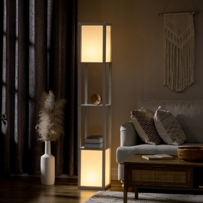 White Tall Floor Lamp with Shelves and Fabric Shade