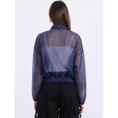 Женские куртки INSPIRE CHIC Women's Zip-Up Long Sleeve See-Through Bomber Jacket Large Black — фото 3