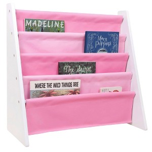 WildKin Vegan Leather Kids' Original Sling Bookshelf White Wood with Light Pink/Dark Pink: 4-Shelf MDF Book Rack, Ages 3-10 - 1 of 4