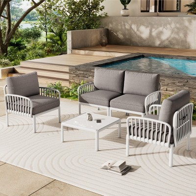 5-Pieces Patio Seating Set With Plastic Frame,Thick Cushion And Square Coffee Table,Outdoor Furniture,Patio Conversation Set -Maison Boucle