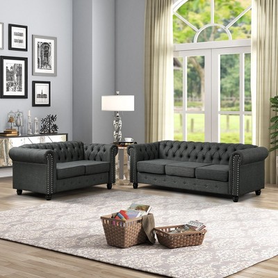 2pcs Linen Chesterfield Furniture Set Loveseat and Sofa Rolled Arm Couch Button Tufted-Morden Fort