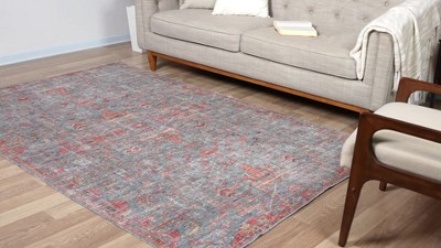 Antique Blue Square Washable Synthetic Area Rug