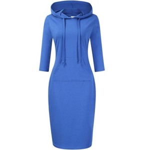Women's Sweatshirt Dress 3/4 Sleeve Hoodie with Front Pocket Knee Length Slim Fit Pullover Hoodie Dress - 1 of 4