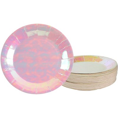 Blue Panda 48-Pack Disposable Paper Plates Party Supplies, Kids Birthday Party Favors, Pink Holographic, 7x7"