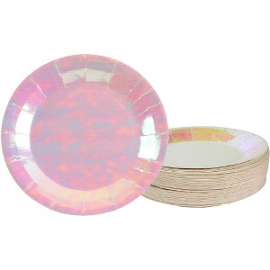 Blue Panda 48-Pack Disposable Paper Plates Party Supplies, Kids Birthday Party Favors, Pink Holographic, 7x7" - 1 of 4