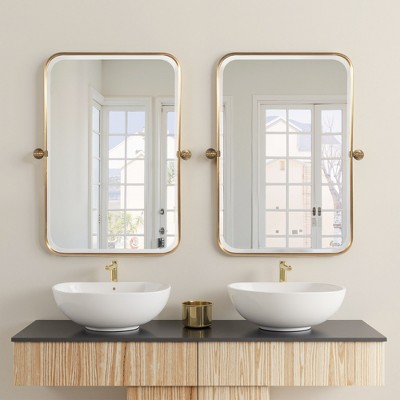 Lirago 35" x 24" Ironwork rounded Hanging Rectangular Bathroom Mirror with Gold Rotatable Hardware for Adjustment